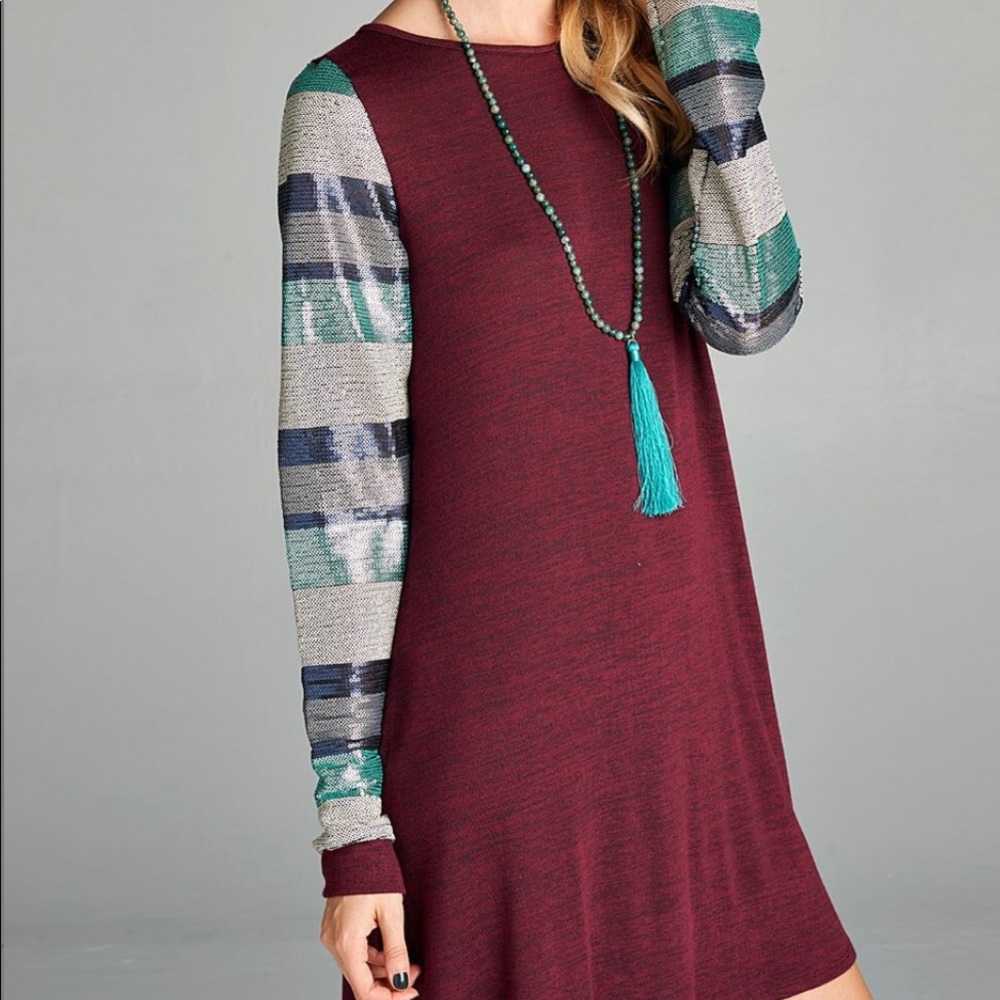 Burgundy Sequin-sleeve Swing Dress